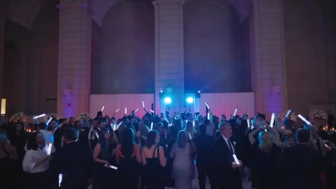 Crowd dancing with glow sticks in a grand hall lit purple and blue